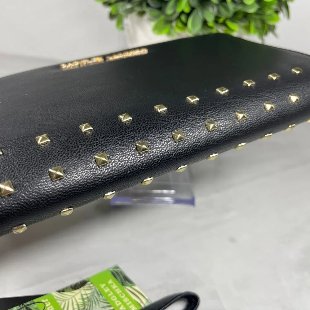 NEW Badgley Mischka Black Vegan Leather Square Studs Long Wallet Wristlet‎